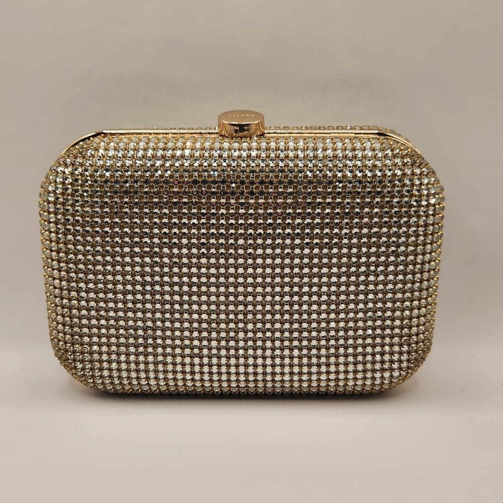 Olga Berg Rae Crystal Embellished Hardcase Clutch Champagne Gold Evening Purse A